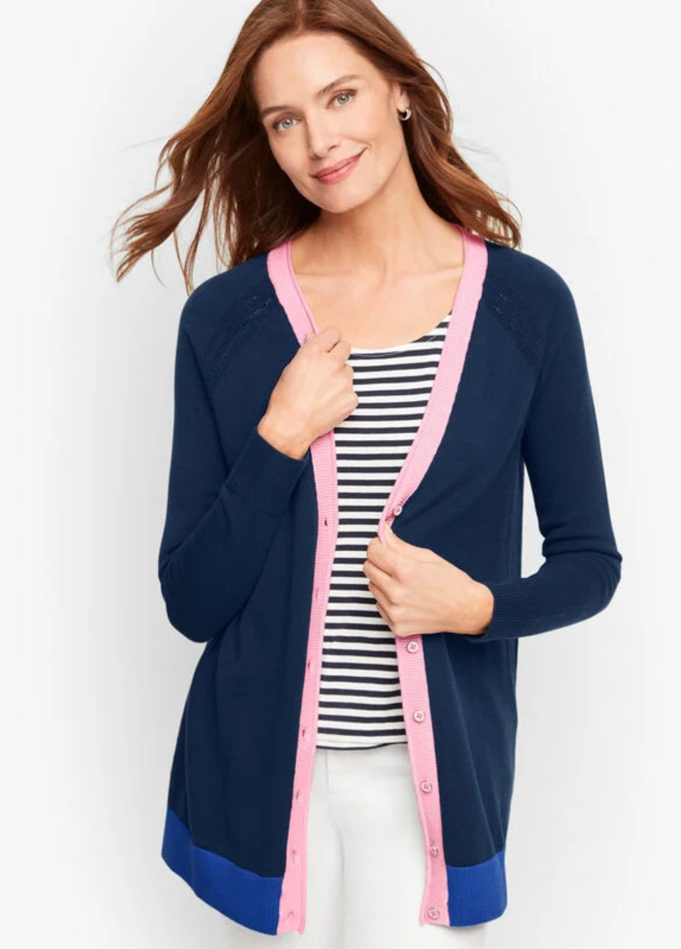 Talbots Womens Blue Pink Long Sleeve Button Up Cardigan Sweater Size PXL NWT